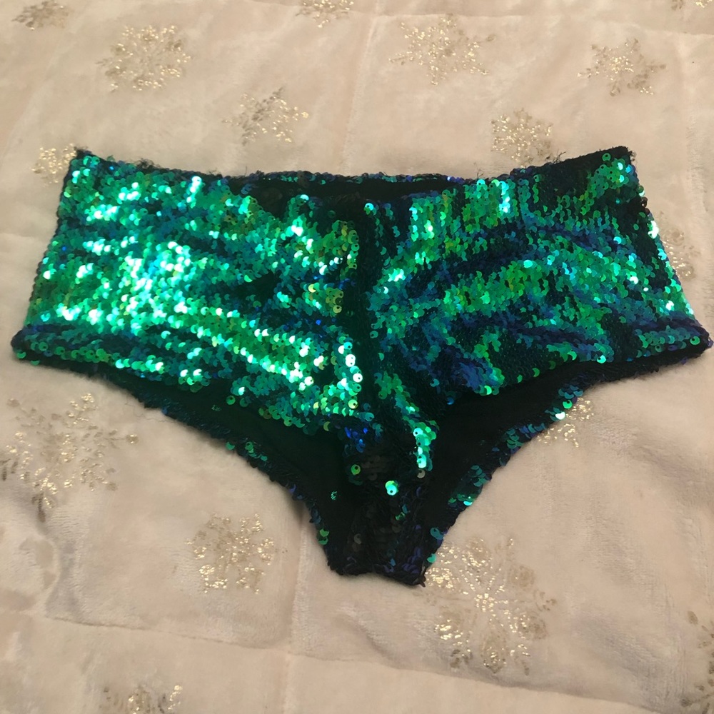 Blue/green sequin booty shorts